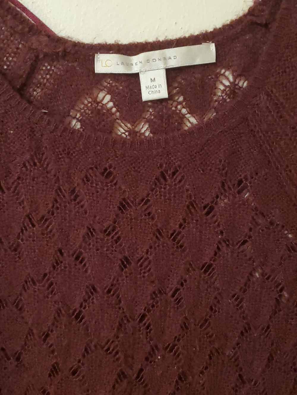 LC Lauren Conrad Open-Knit Crewneck Sweater in Burgundy Medium